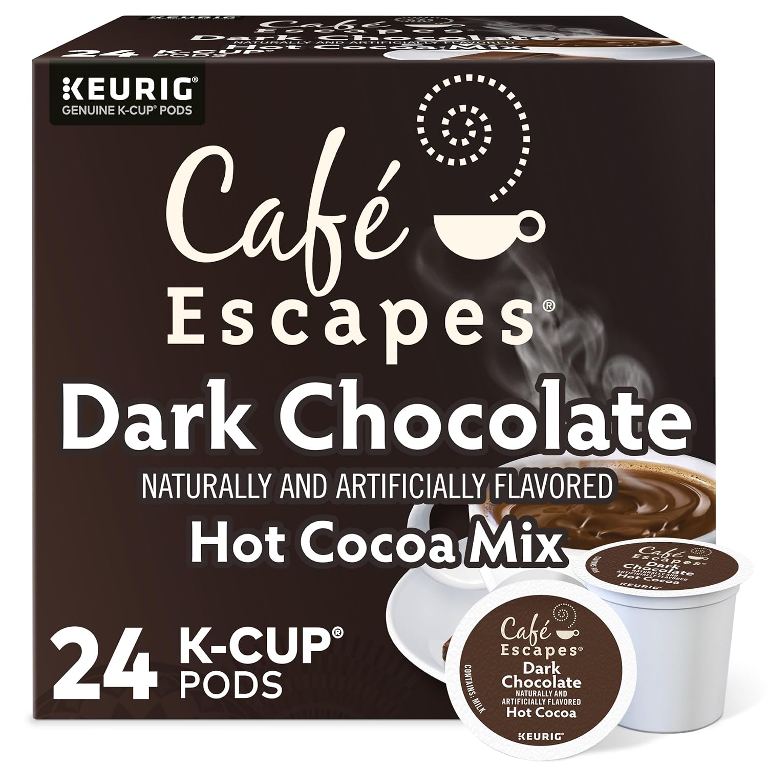 KupofK Coffee Cafe Escapes Dark Chocolate Hot Cocoa K-cups, 24-pack, featuring rich chocolate-flavored coffee pods for Keurig brewers.
