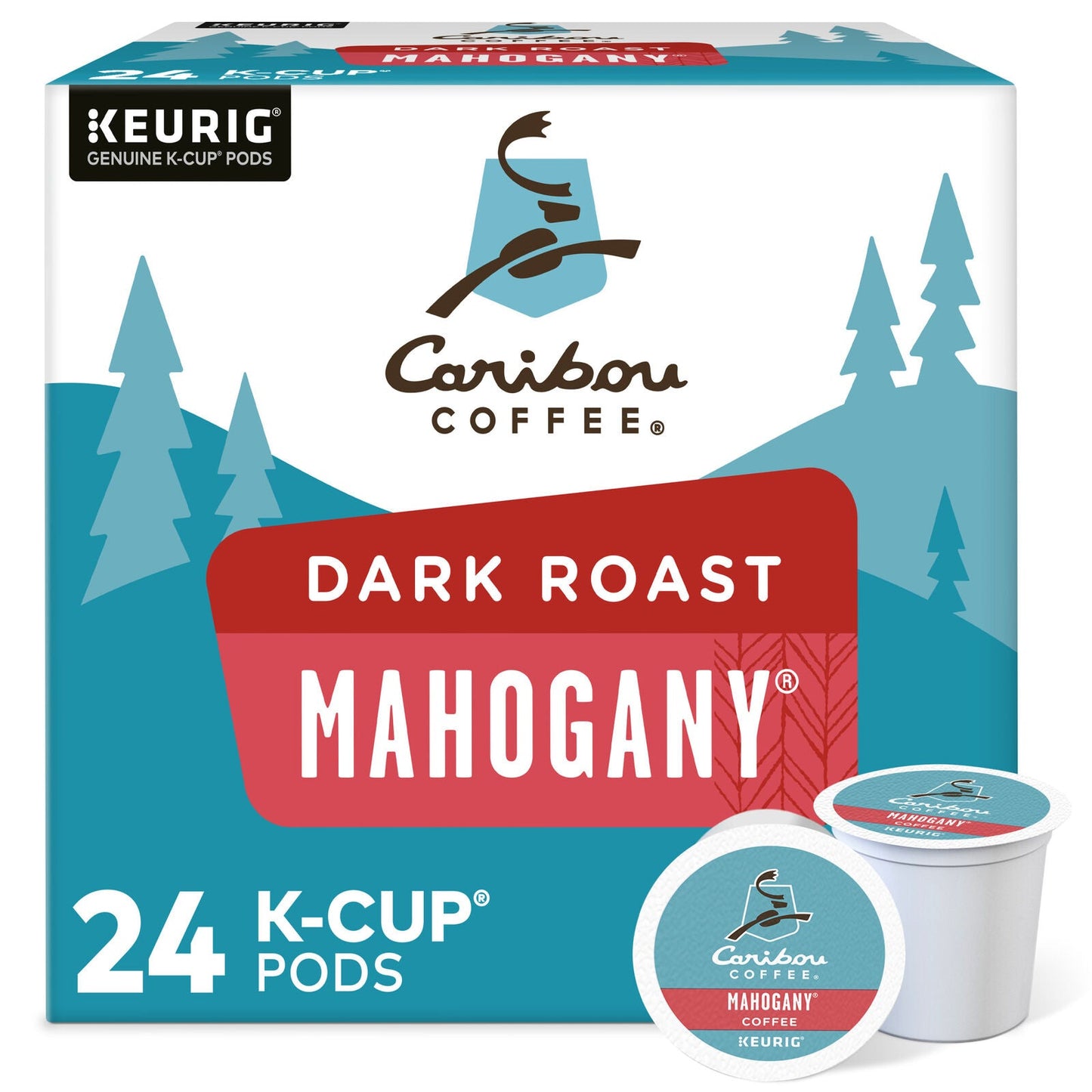 KupofK Coffee Caribou Mahogany K-cups for coffee brewing, showing a box of 24 premium coffee pods with rich mahogany flavor.