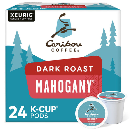 KupofK Coffee Caribou Mahogany K-cups for coffee brewing, showing a box of 24 premium coffee pods with rich mahogany flavor.