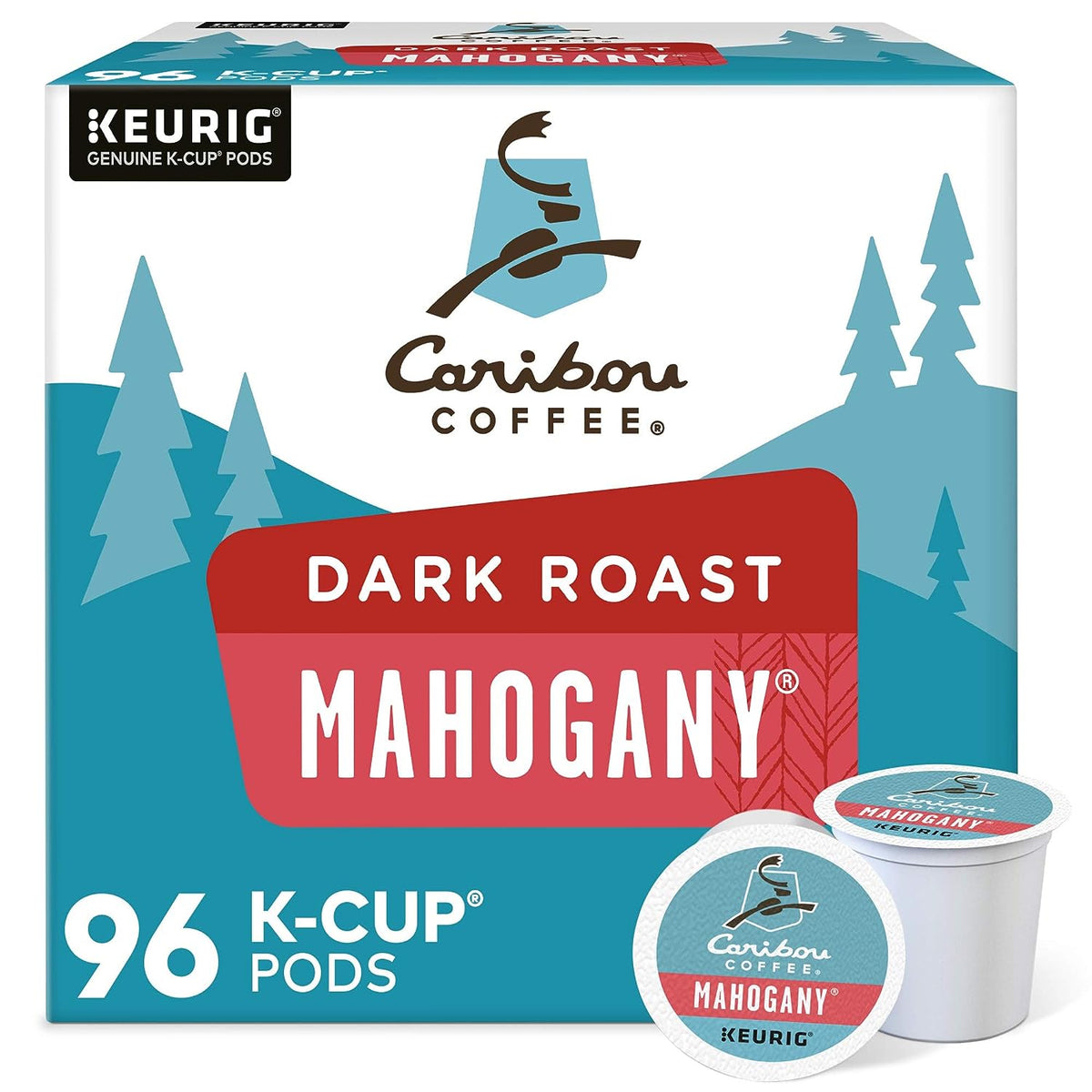 KupofK Coffee Caribou Mahogany K-cups for coffee brewing, featuring dark roasted coffee in a 24-count pack.