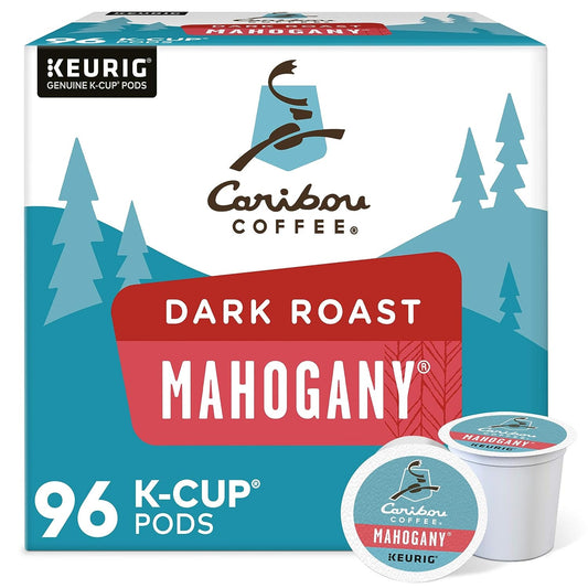 KupofK Coffee Caribou Mahogany K-cups for coffee brewing, featuring dark roasted coffee in a 24-count pack.
