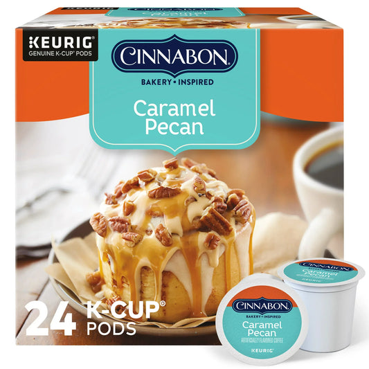 KupofK Coffee Cinnabon Caramel Pecan K-cups, single-serve coffee pods with rich caramel and pecan flavor for Keurig machines.