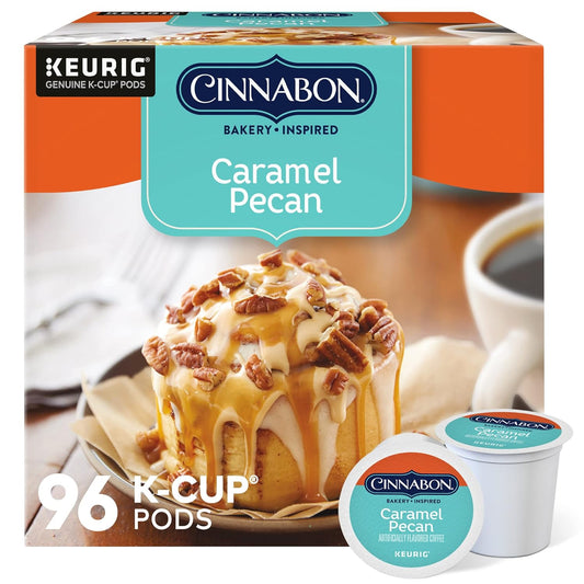 KupofK Coffee Cinnabon Caramel Pecan K-cups for coffee brewers, featuring rich caramel and pecan flavor in individual pods.