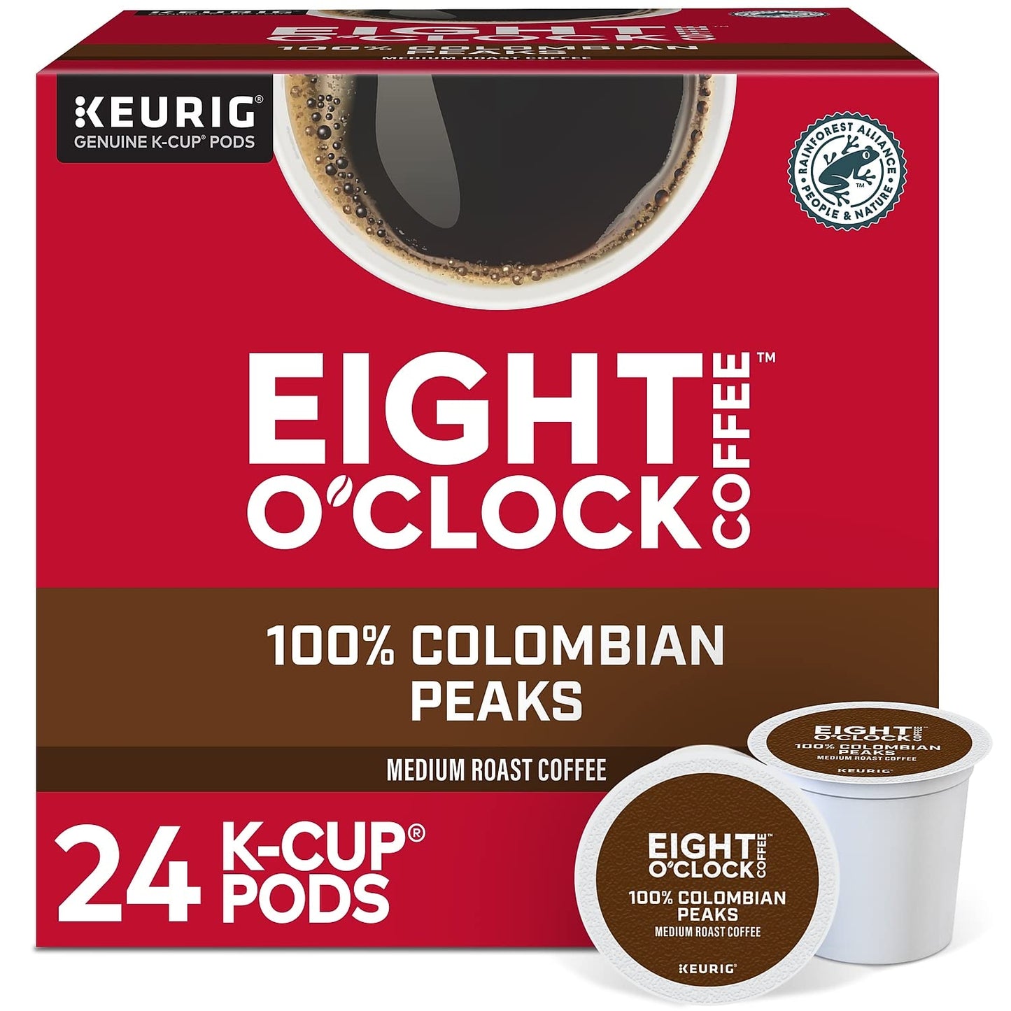 KupofK Coffee Eight O'Clock Colombian Peaks coffee K-cups, 24 count, featuring rich Colombian coffee in individual pods.