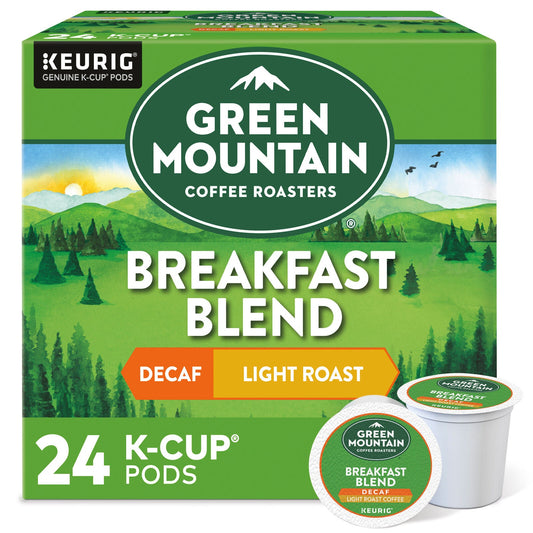KupofK Coffee Green Mountain Breakfast Blend Decaf coffee bag with packaging showing the product name and branding.