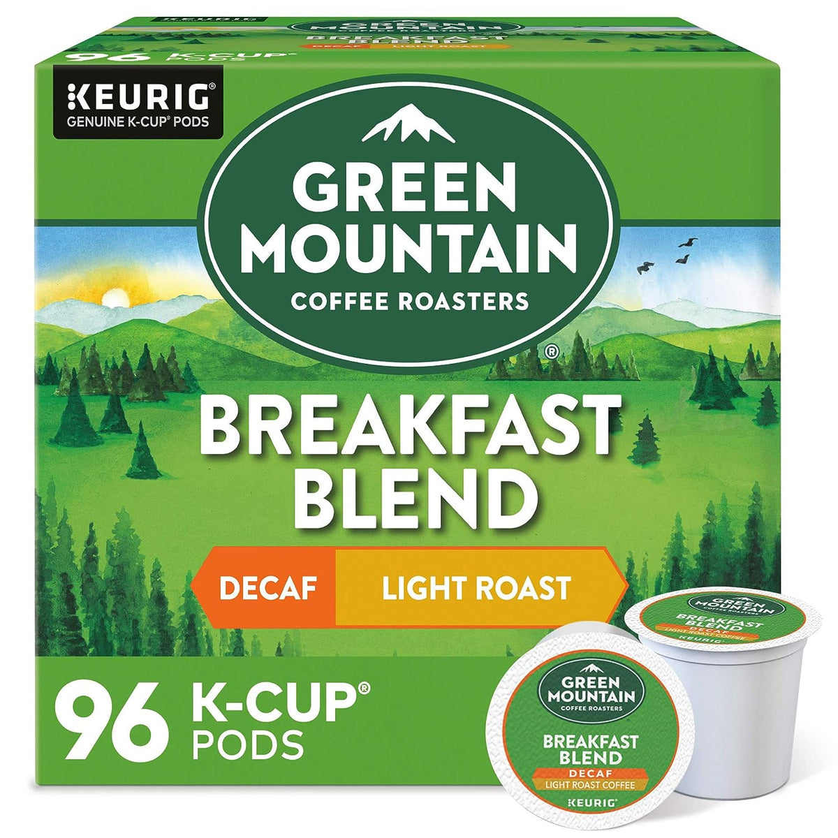 Green Mountain Breakfast Blend Decaf Coffee bag by KupofK Coffee, featuring vibrant green packaging and fresh coffee beans in the image.