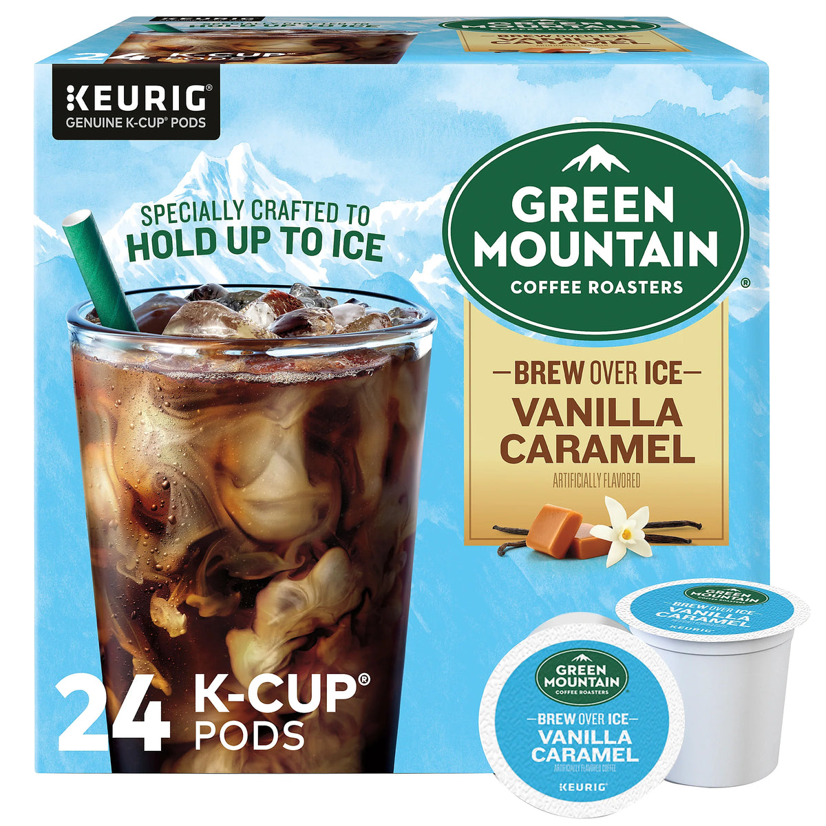 Green Mountain Brew Over Ice Vanilla Caramel coffee K-cups by KupofK Coffee, showcasing 24 individually packaged pods.