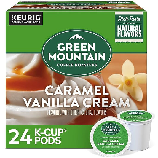Green Mountain Caramel Vanilla Cream coffee K-cups by KupofK Coffee, featuring caramel and vanilla flavor in individual pods.