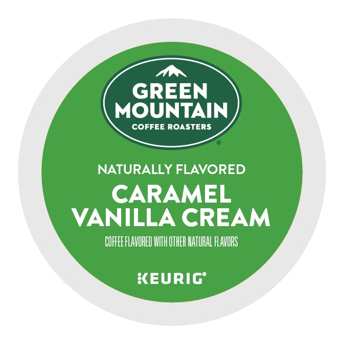 Green Mountain Caramel Vanilla Cream K-cups by KupofK Coffee, rich coffee pods with caramel and vanilla flavor for Keurig machines.