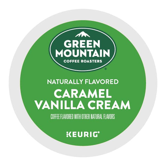 Green Mountain Caramel Vanilla Cream K-cups by KupofK Coffee, rich coffee pods with caramel and vanilla flavor for Keurig machines.