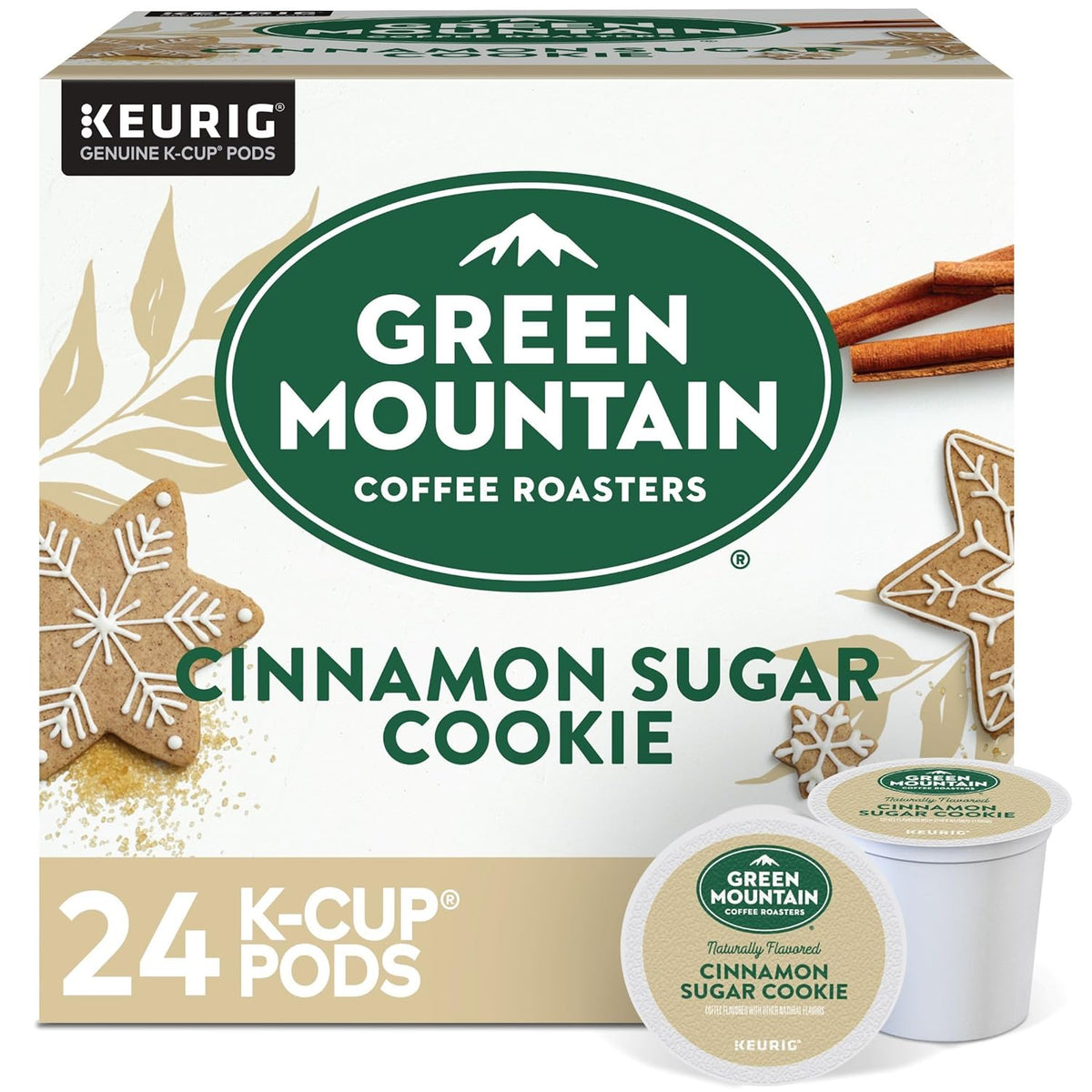 Green Mountain Cinnamon Sugar Cookie K-cups by KupofK Coffee, packaged coffee pods with cinnamon and sweet cookie flavor.