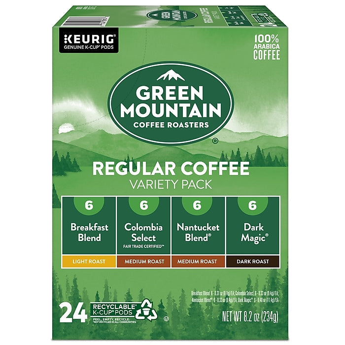 KupofK Coffee Green Mountain Coffee Regular Variety Box showing 24 assorted coffee packets in a colorful box.