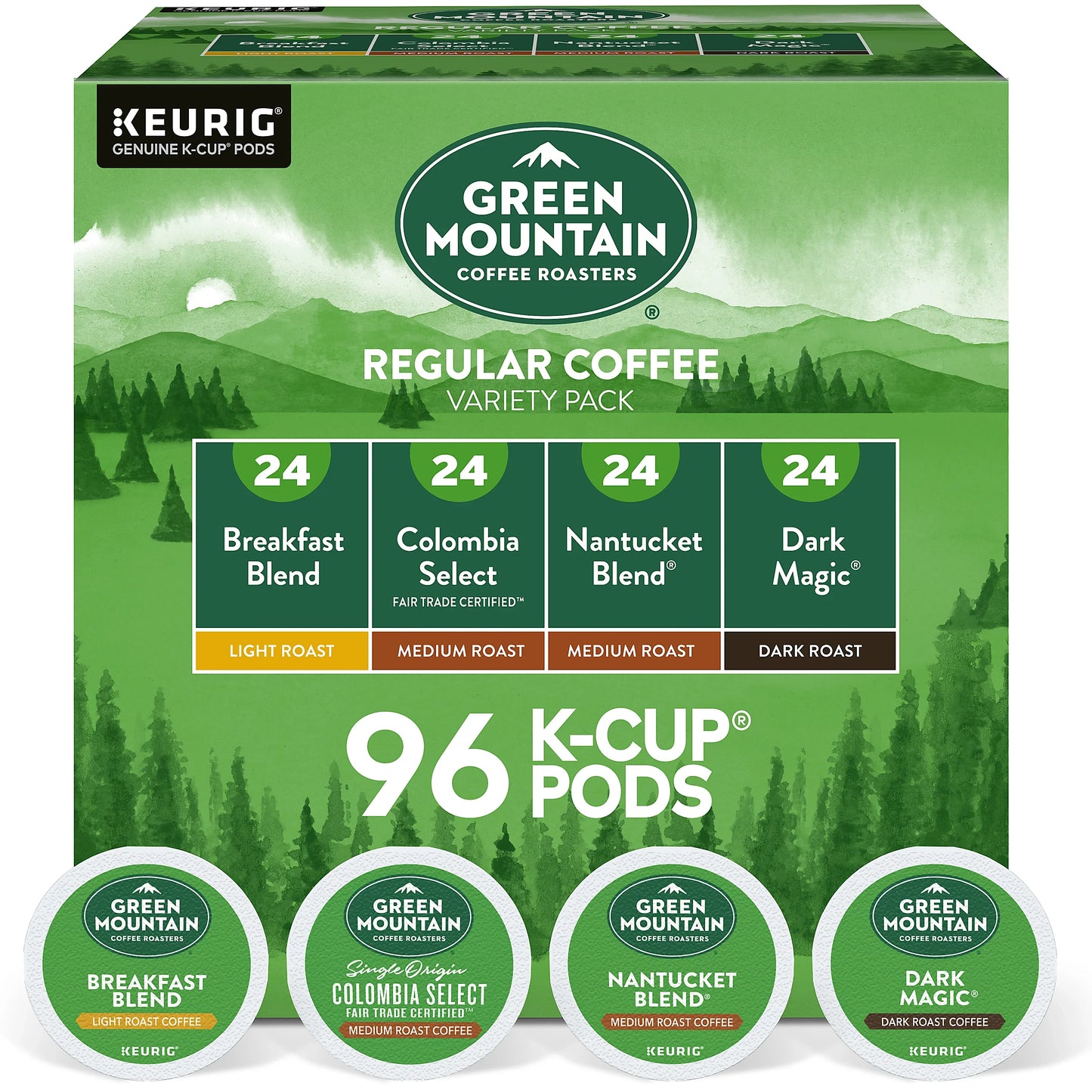KupofK Coffee Green Mountain Coffee Regular Variety Box with 24 assorted coffee packets, featuring a colorful selection of coffee blends.