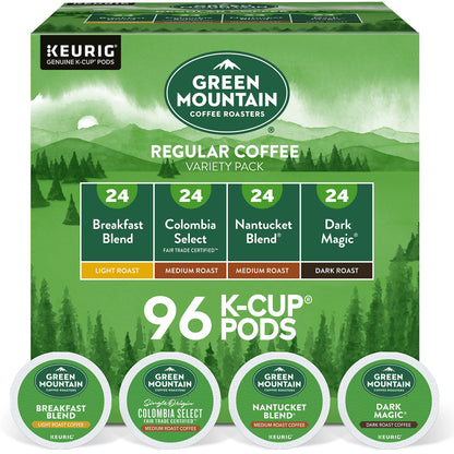 KupofK Coffee Green Mountain Coffee Regular Variety Box with 24 assorted coffee packets, featuring a colorful selection of coffee blends.