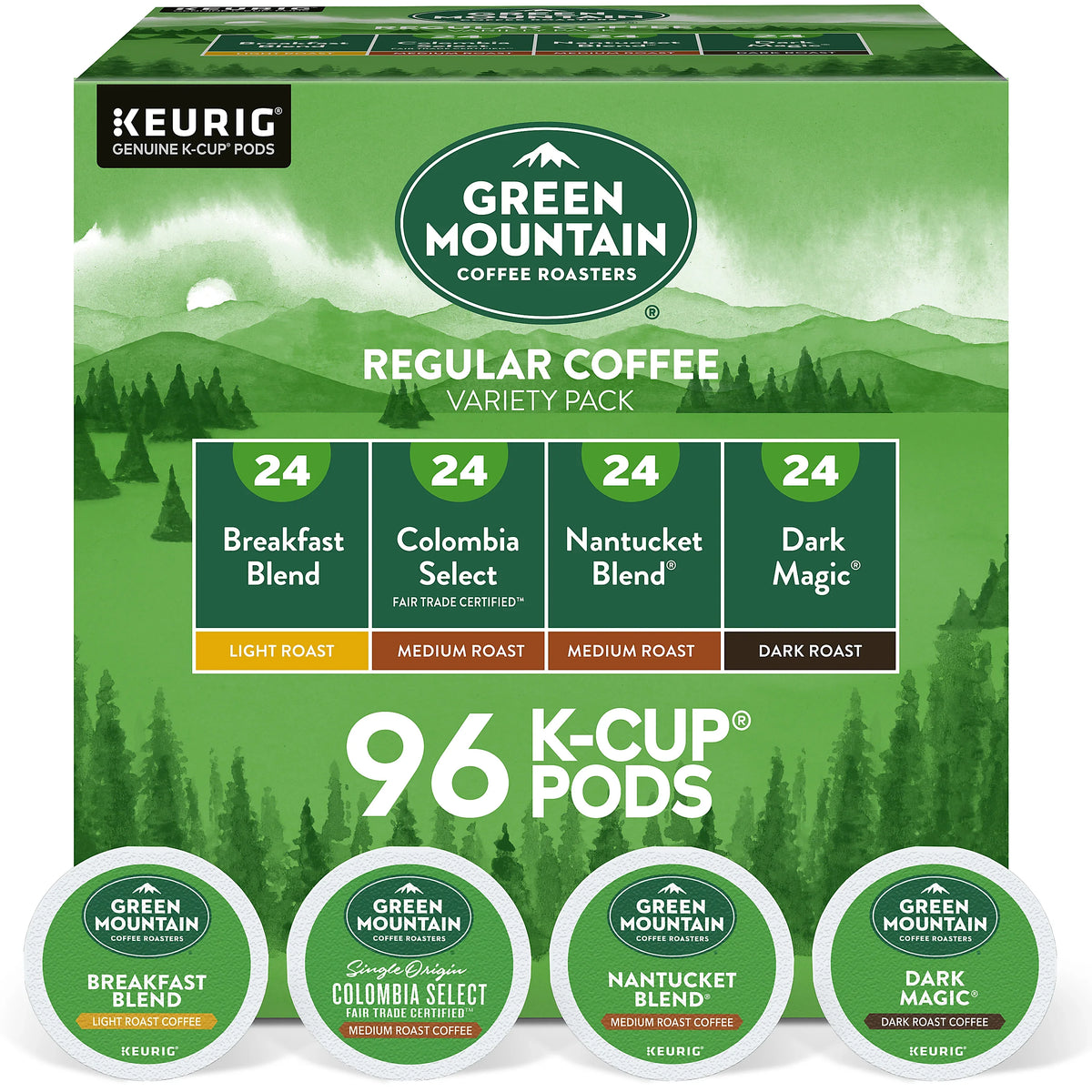 KupofK Coffee Green Mountain Coffee Regular Variety Box with 24 coffee pods, featuring a colorful assortment of coffee flavors.