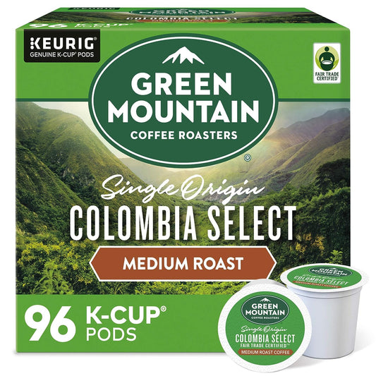 Green Mountain Colombia Select coffee Keurig K-cups by KupofK Coffee, 24-count, with vibrant green packaging and coffee pods.
