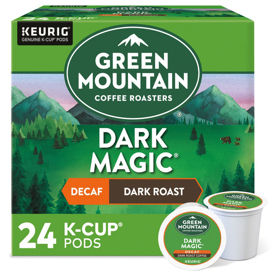 Green Mountain Dark Magic Decaf coffee K-cups by KupofK Coffee, showing a box of 24 single-serving pods for Keurig brewers.