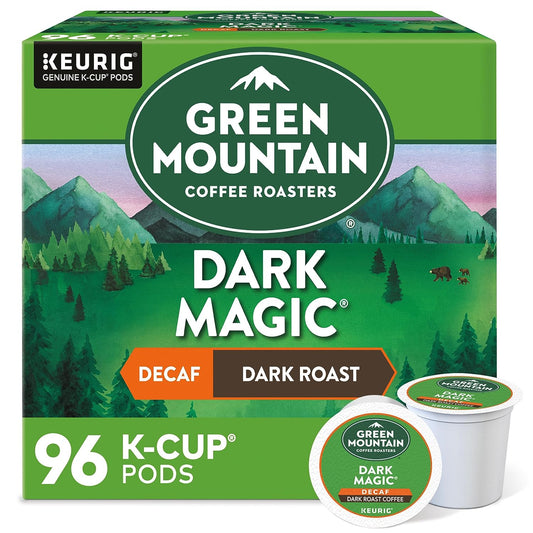 Green Mountain Dark Magic Decaf K-cups from KupofK Coffee, rich coffee pods for Keurig brewers, in a 24-count package.