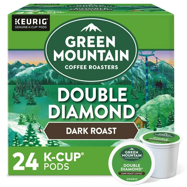 Green Mountain Double Diamond coffee K-cups by KupofK Coffee, showing 24-pack of single-serve pods with green packaging.