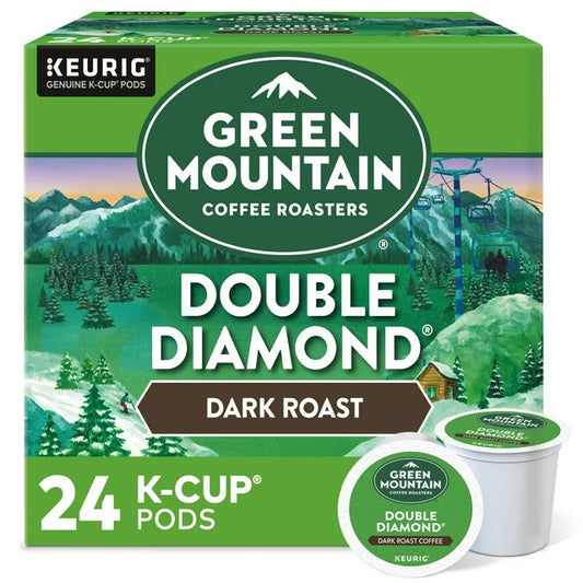 Green Mountain Double Diamond coffee K-cups by KupofK Coffee, showing 24-pack of single-serve pods with green packaging.