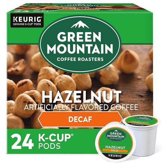 Green Mountain Hazelnut Decaf K-cups by KupofK Coffee, single-serve coffee pods for Keurig machines, with hazelnut flavor.