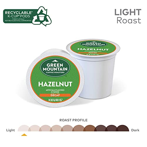 Green Mountain Hazelnut Decaf K-cups by KupofK Coffee, single-serve coffee pods with rich hazelnut flavor and decaffeinated brew.