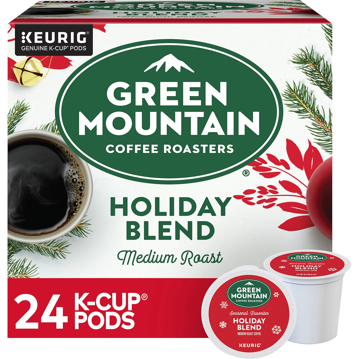 Green Mountain Holiday Blend coffee K-cups by KupofK Coffee, 24-pack, featuring festive green packaging and coffee capsules.