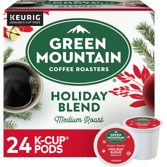 Green Mountain Holiday Blend coffee K-cups by KupofK Coffee, 24-pack, featuring festive green packaging and coffee capsules.