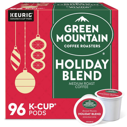 Green Mountain Holiday Blend coffee K-cups by KupofK Coffee, 24-count, showcasing the festive packaging and individual coffee pods.