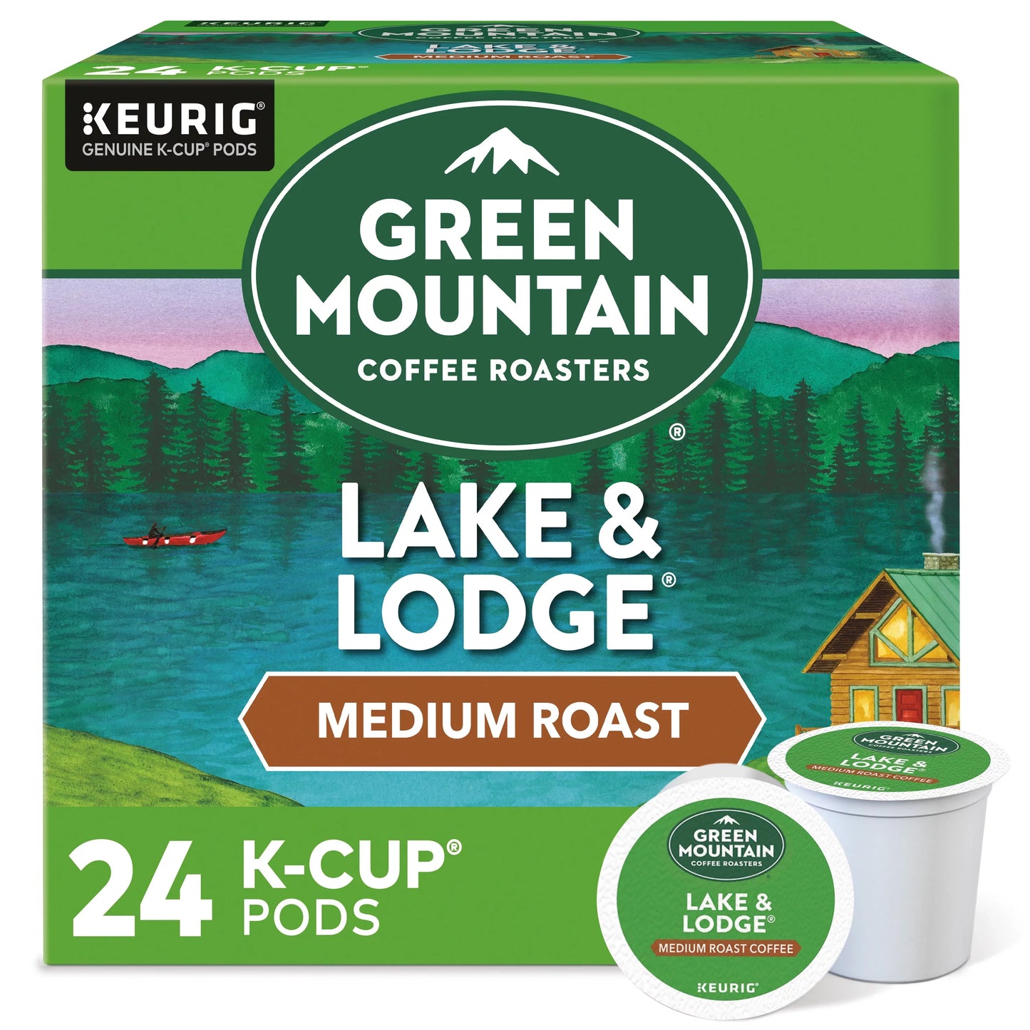Green Mountain Lake & Lodge coffee K-cups by KupofK Coffee, 24-pack, featuring fresh brewed coffee in green and white packaging