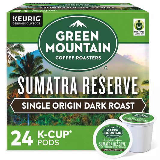 Green Mountain Sumatra Reserve K-cups by KupofK Coffee, single-serve coffee pods with rich, bold flavor in a 24-count pack.