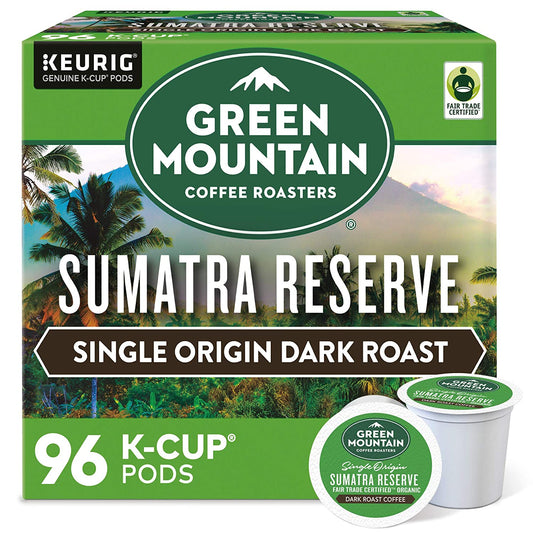 KupofK Coffee Green Mountain Sumatra Reserve K-cups for coffee brewing, showcasing the packaging and product design.
