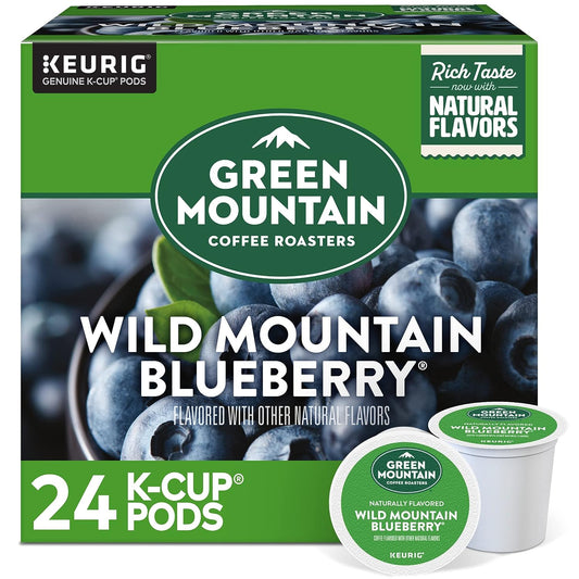 Green Mountain Wild Mountain Blueberry coffee K-cups from KupofK Coffee, featuring vibrant packaging and 24-count box.