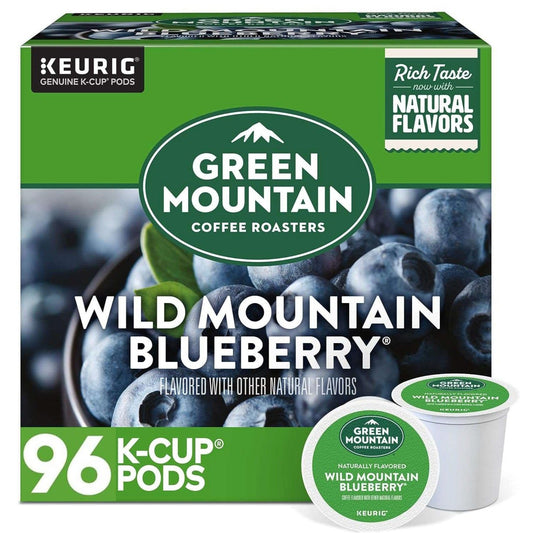 Green Mountain Wild Mountain Blueberry K-cup coffee pods by KupofK Coffee for Keurig brewers, featuring blue and green packaging.