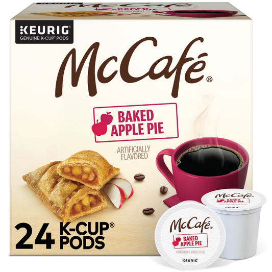 KupofK Coffee McCafe Baked Apple Pie K-cups, single-serve coffee pods featuring baked apple pie flavor in a 24-count box.