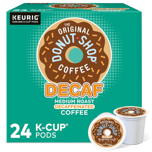 KupofK Coffee The Original Donut Shop Decaf K-cups for Keurig, single-serve coffee pods in a 24-count box.