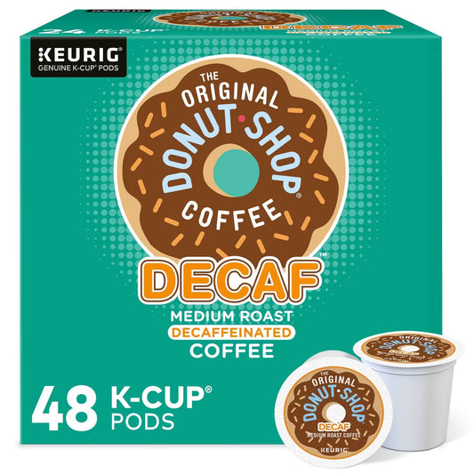 KupofK Coffee The Original Donut Shop Decaf K-cups for coffee makers, 24-count, featuring rich decaffeinated coffee in individual pods.