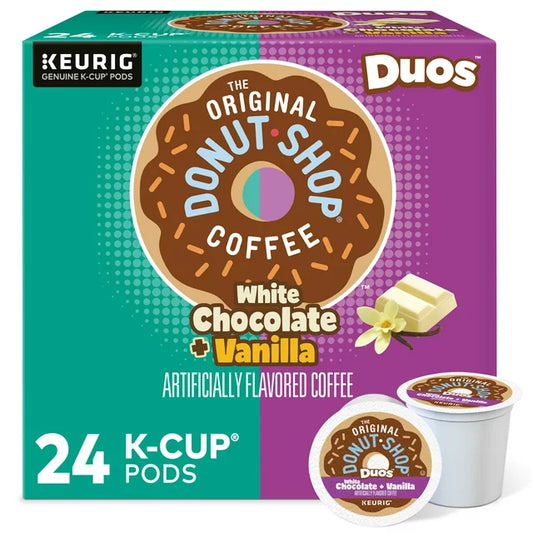 KupofK Coffee The Original Donut Shop Duos white chocolate vanilla coffee box with 24 single-serve pods.
