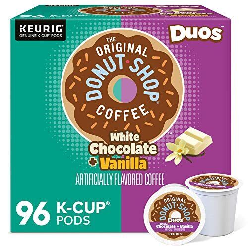 KupofK Coffee The Original Donut Shop Duos White Chocolate Vanilla coffee box, 24-count, with white chocolate and vanilla flavor.