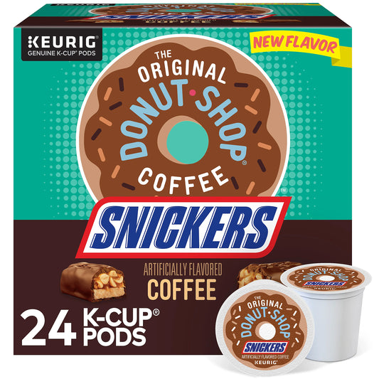 KupofK Coffee The Original Donut Shop Snickers K-cups, coffee pods in a bulk box, perfect for snickers-flavored coffee lovers.