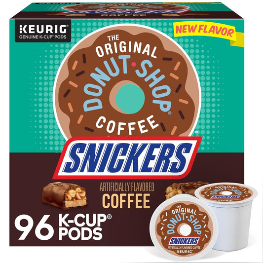 KupofK Coffee The Original Donut Shop Snickers K-cups in a bulk box, featuring coffee capsules with Snickers-inspired flavor.