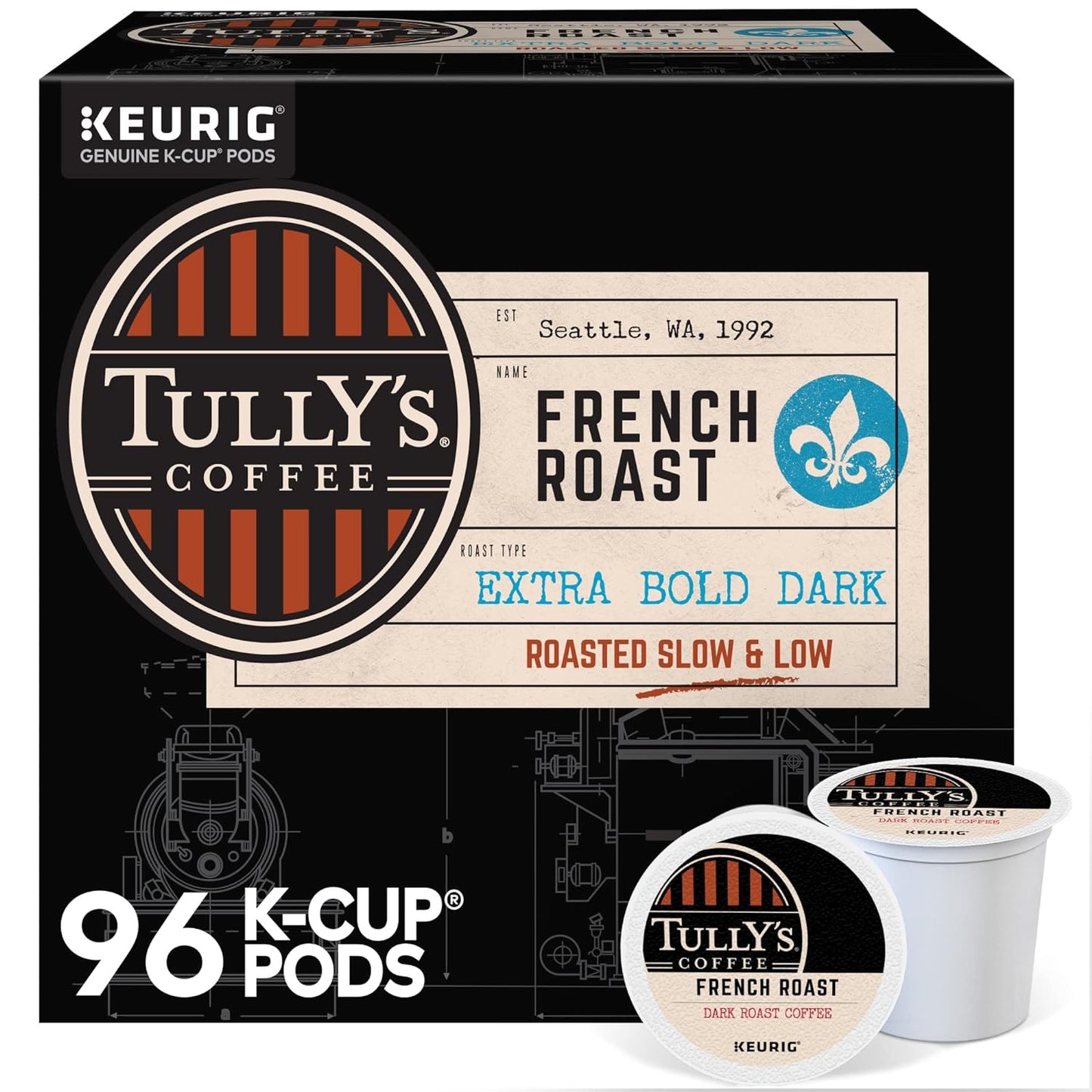 KupofK Coffee French Roast coffee pack featuring dark roasted beans in a 24-count package.
