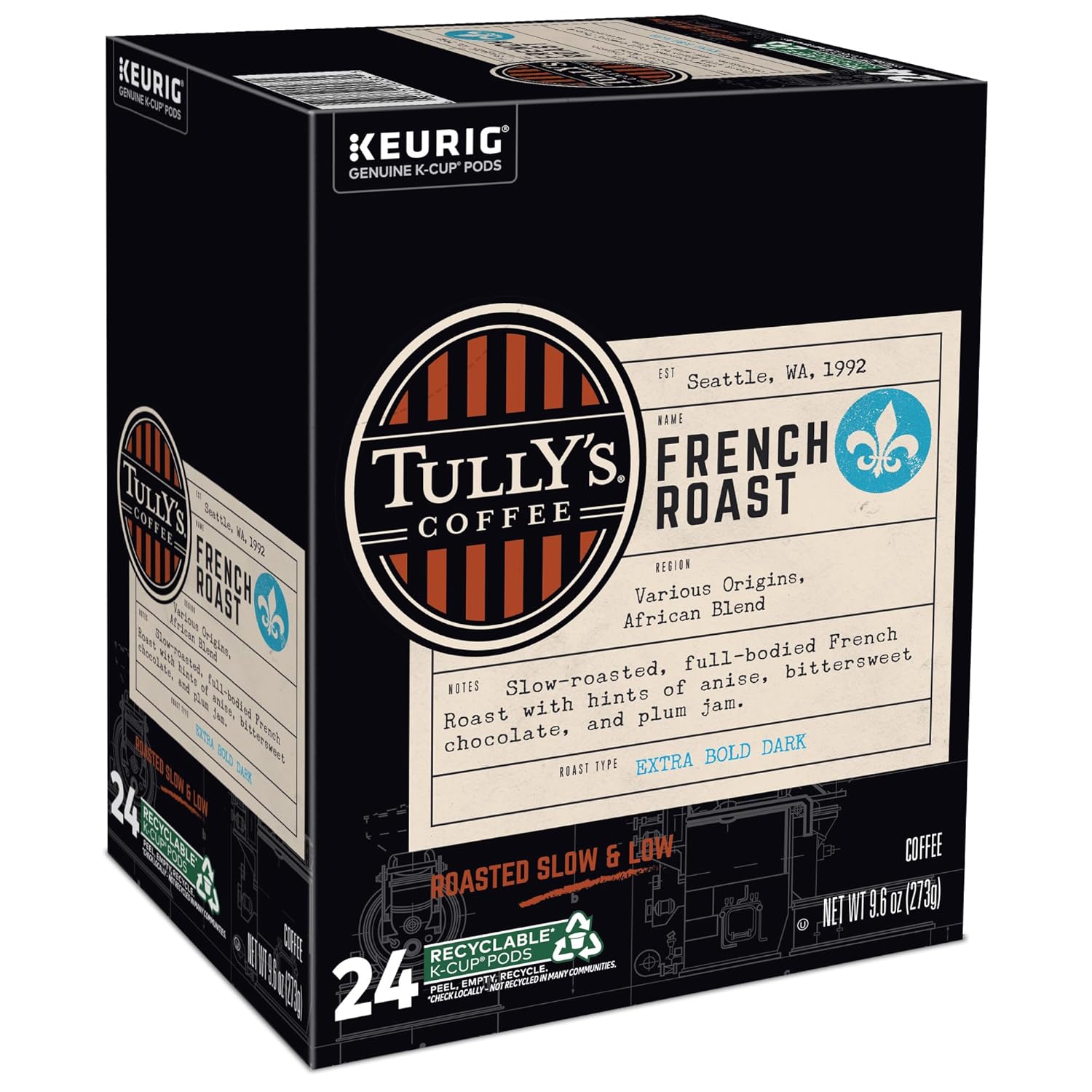 KupofK Coffee French Roast coffee pack featuring dark roasted beans in a 24-count pack by Tully's Coffee.