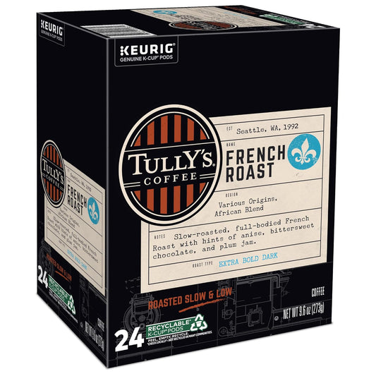 KupofK Coffee French Roast coffee pack featuring dark roasted beans in a 24-count pack by Tully's Coffee.