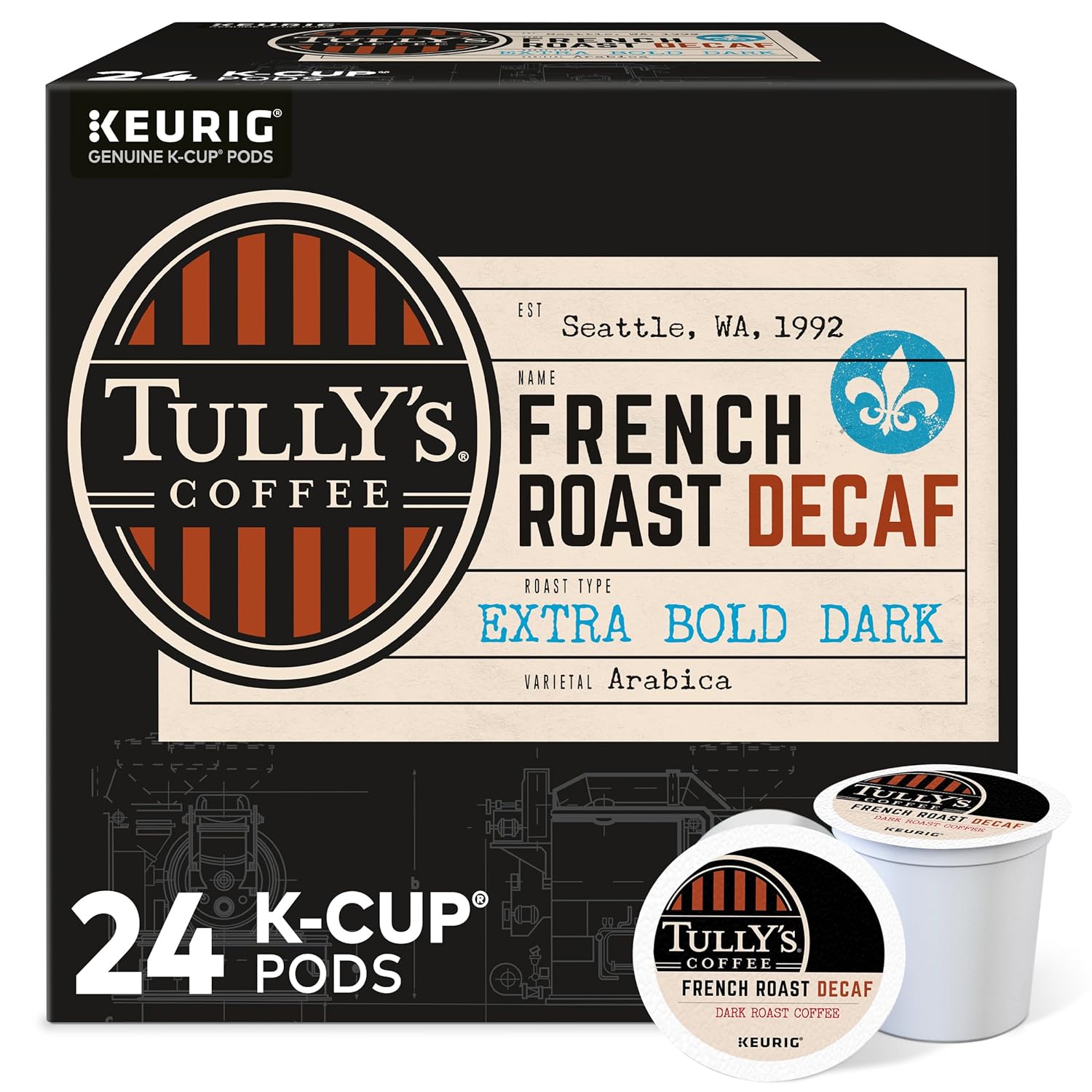 KupofK Coffee French Roast Decaf K-cups, coffee pods with rich, bold flavor for Keurig brewers.