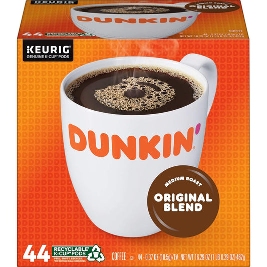 KupofK Coffee Dunkin Original Blend medium roast K-Cup coffee pods in a 44-count box, showcasing the sealed pods for brewing.