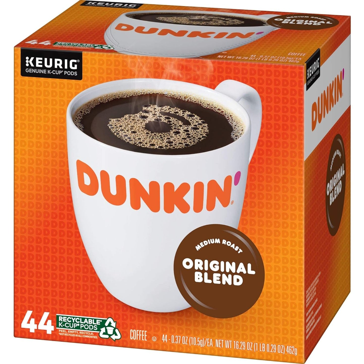 KupofK Coffee Dunkin Original Blend Medium Roast K-Cup coffee pods in a 44-count box, ready for brewing flavorful coffee.