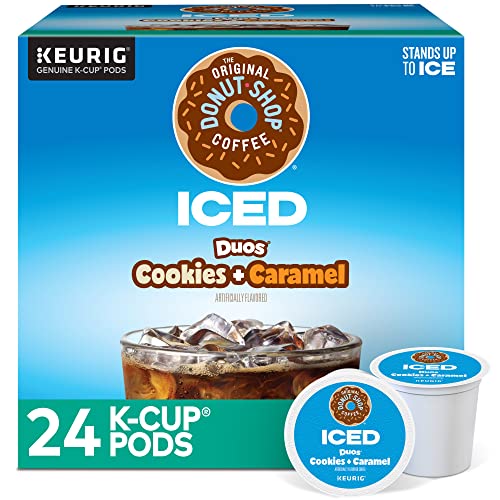 KupofK Coffee The Original Donut Shop Iced Duos Cookie and Caramel flavored coffee in a brewed cup