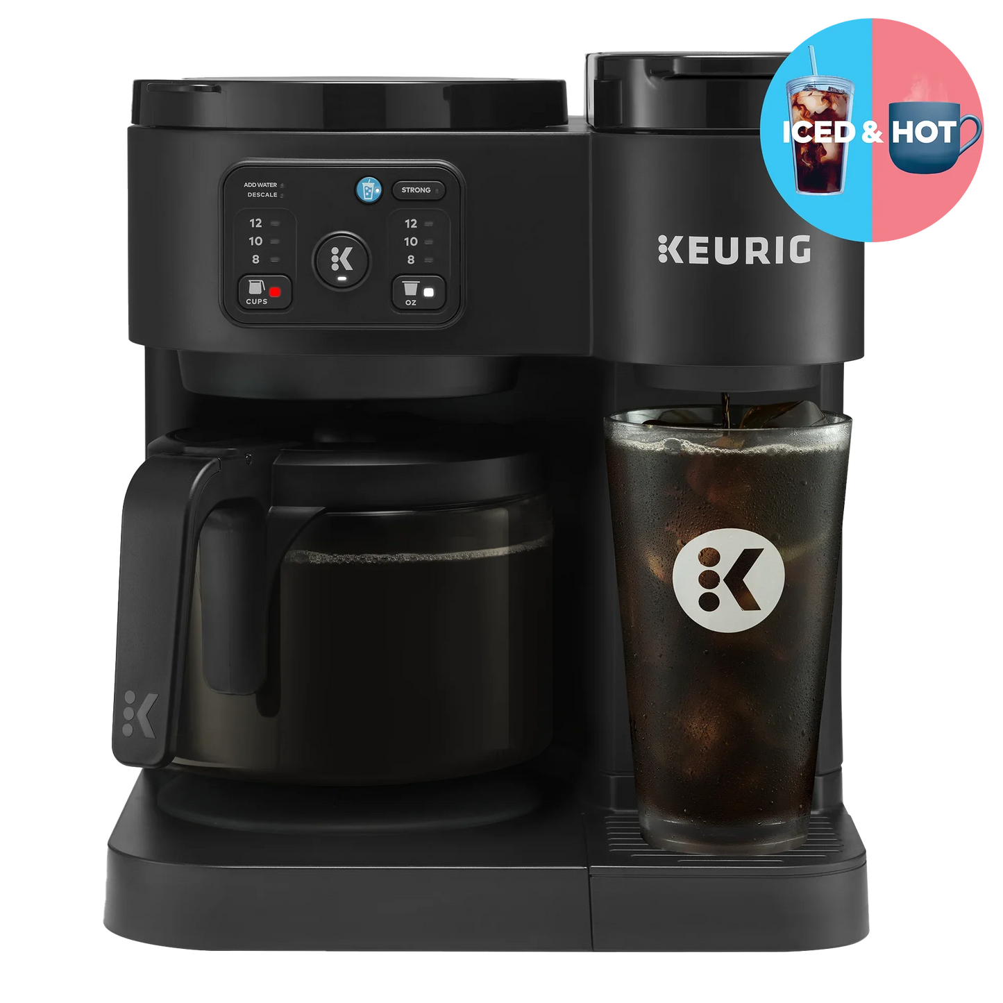 KupofK Coffee Keurig K-Duo Essentials black coffee maker with carafe for hot and iced single-serve K-Cup brewing.