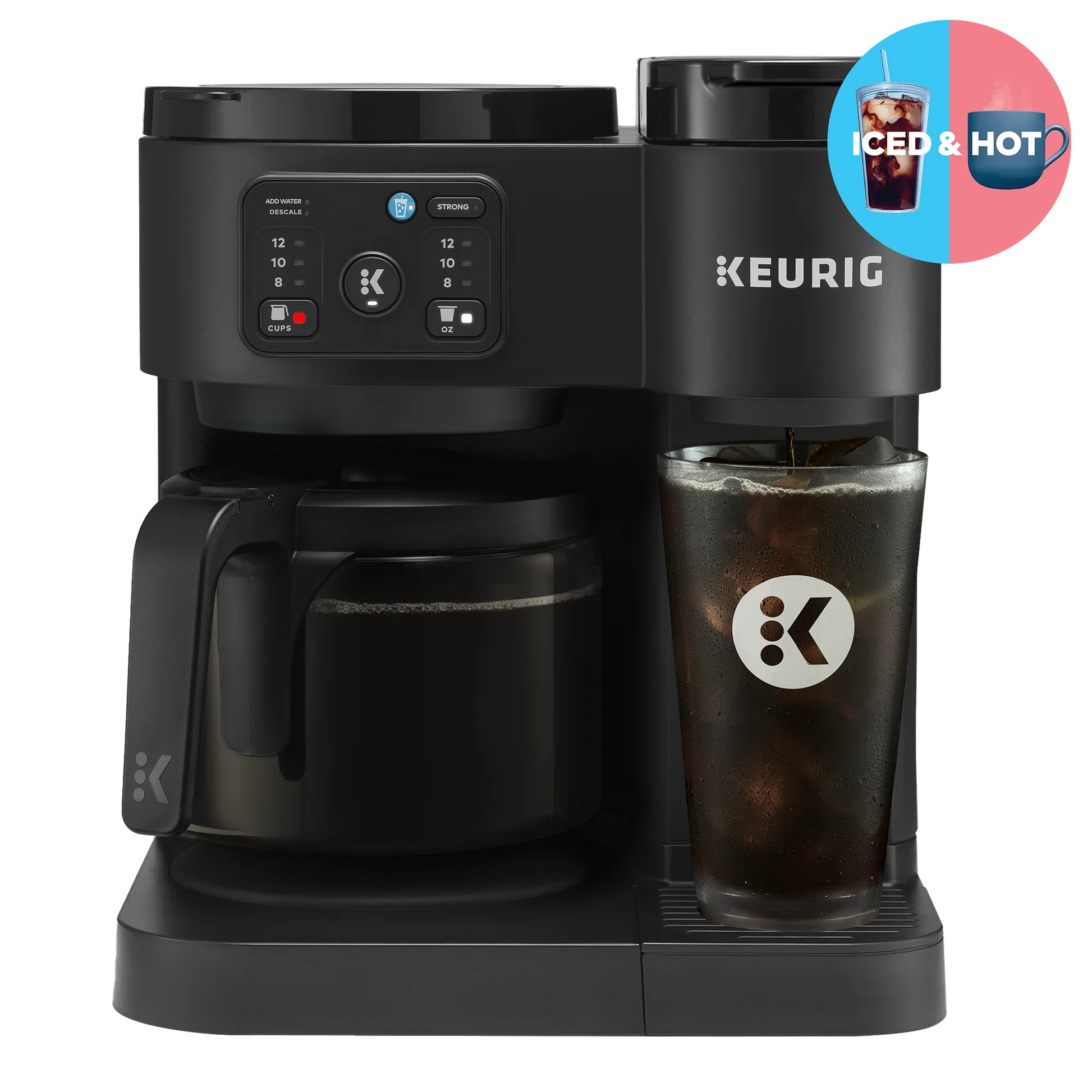 KupofK Coffee Keurig K-Duo Essentials black coffee maker with carafe for hot and iced single-serve K-Cup brewing.